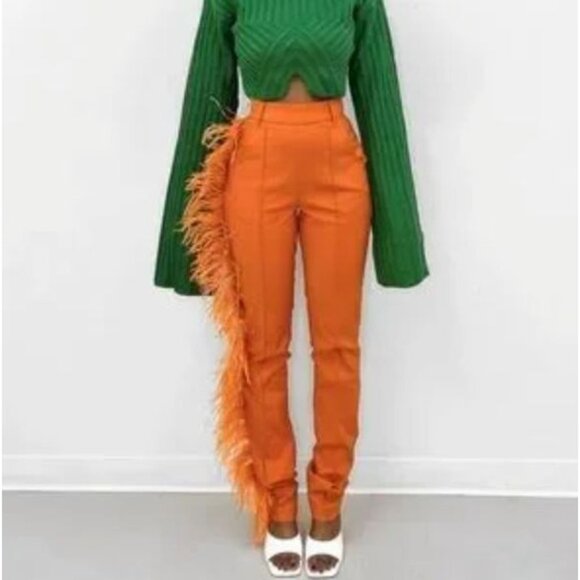 Hanifa Ava Ostrich Feather Pants Fitted Statement Blogger Fave Orange Small - Picture 2 of 16